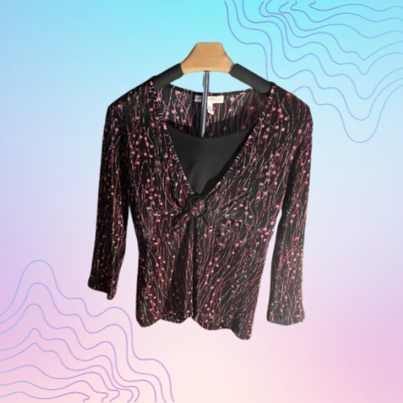 JM COLLECTION Petite Small Black & Pink Print Top with Ring Detail 3/4 Sleeve - Picture 1 of 3